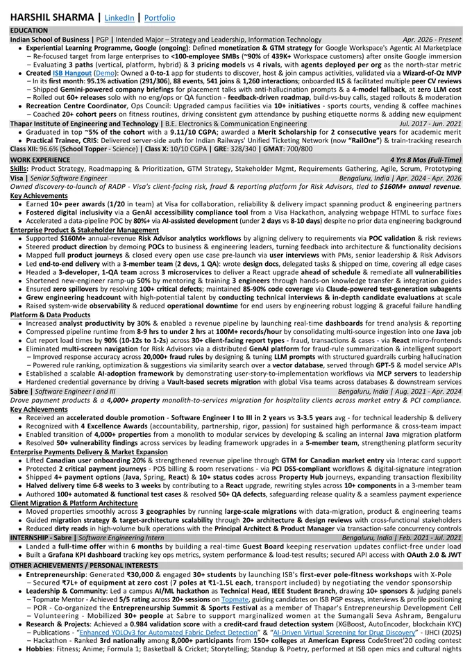 Preview of Harshil Sharma's one-page résumé